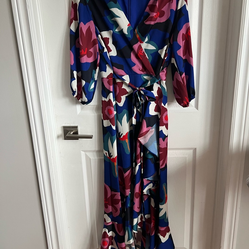 Sam Edelman Blue and Red Long Sleeve Wrap Gown